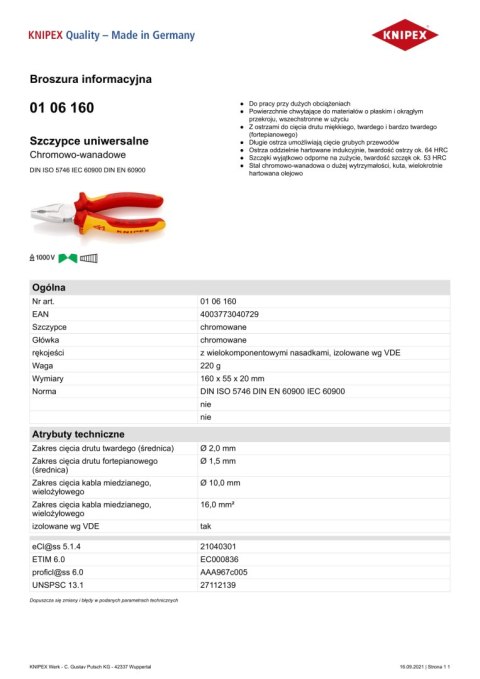 SZCZYPCE UNIWERSALNE VDE 1000V 160MM SZCZYPCE UNIWERSALNE VDE 1000V 160MM