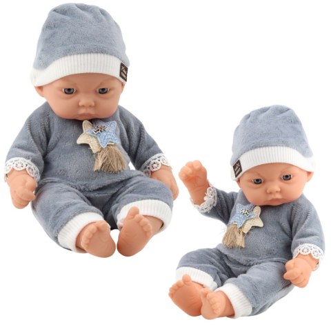 Lalka Bobas W Szarej Piżamce z Gwiazdkami Czapeczka Lalka Bobas W Szarej Piżamce z Gwiazdkami Czapeczka