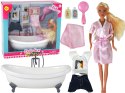 Lalka Dla Dzieci Długie Blond Włosy Szlafrok Różowy Wanna Łazienka LEAN Toys Lalka Dla Dzieci Długie Blond Włosy Szlafrok Różowy Wanna Łazienka LEAN Toys