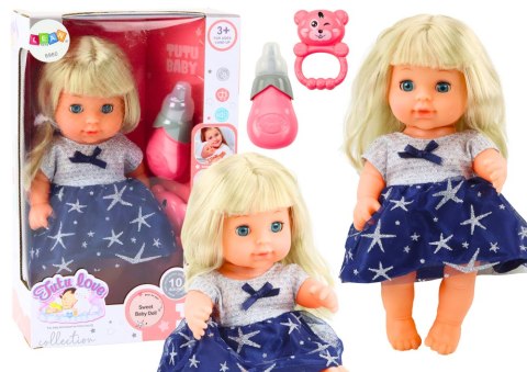 Lalka W Granatowej Sukience Siusiająca Butelka Grzechotka Dźwięki LEAN Toys Lalka W Granatowej Sukience Siusiająca Butelka Grzechotka Dźwięki LEAN Toys