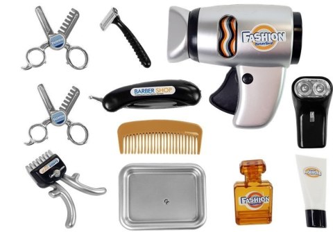 Zestaw Salon Fryzjerski Dziecięcy Barber Suszarka Maszynka Akcesoria Srebrny Zestaw Salon Fryzjerski Dziecięcy Barber Suszarka Maszynka Akcesoria Srebrny