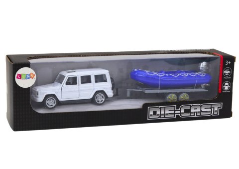 Auto Terenowe Z Przyczepą I Motorówką Metalowy Biały Niebieski Auto Terenowe Z Przyczepą I Motorówką Metalowy Biały Niebieski