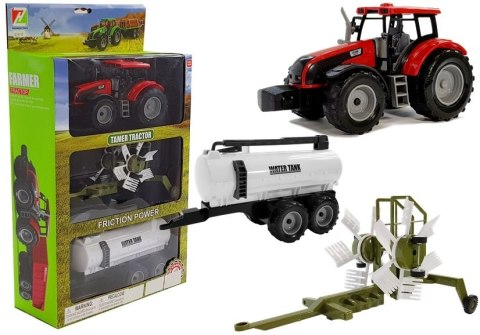 Traktor z Przyczepką, Zgrabiarką i Cysterną Czerwony Traktor z Przyczepką, Zgrabiarką i Cysterną Czerwony