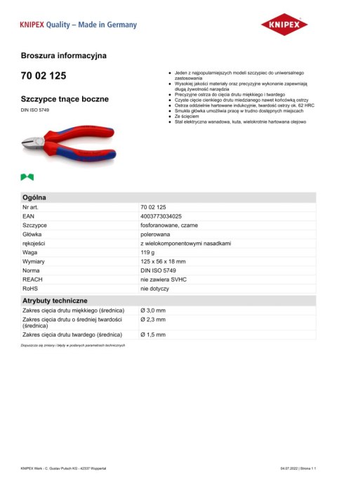 SZCZYPCE TNĄCE BOCZNE 125MM, POWLEKANE SZCZYPCE TNĄCE BOCZNE 125MM, POWLEKANE