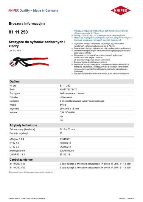 SZCZYPCE DO SYFONÓW SANITARNYCH I ZŁĄCZY 250 MM SZCZYPCE DO SYFONÓW SANITARNYCH I ZŁĄCZY 250 MM