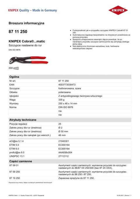 SZCZYPCE DO RUR COBRA NASTAWNE 250MM SZCZYPCE DO RUR COBRA NASTAWNE 250MM