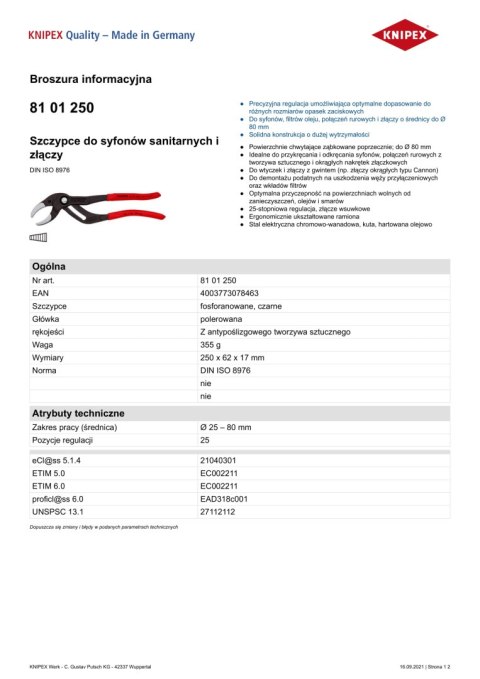 SZCZYPCE DO SYFONÓW SANITARNYCH I ZŁĄCZY 250MM, 25-80MM SZCZYPCE DO SYFONÓW SANITARNYCH I ZŁĄCZY 250MM, 25-80MM