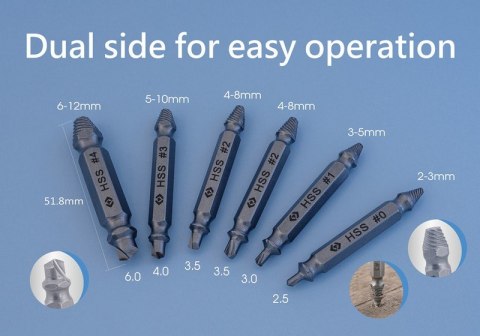 ZESTAW WYKRĘTAKÓW DO USZKODZONYCH ŚRUB 2-12MM, 6SZT. ZESTAW WYKRĘTAKÓW DO USZKODZONYCH ŚRUB 2-12MM, 6SZT.