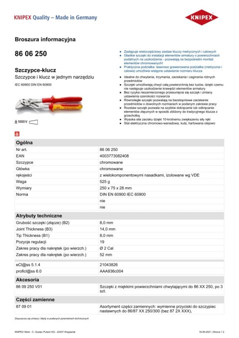 SZCZYPCE-KLUCZ 250MM VDE 1000V SZCZYPCE-KLUCZ 250MM VDE 1000V
