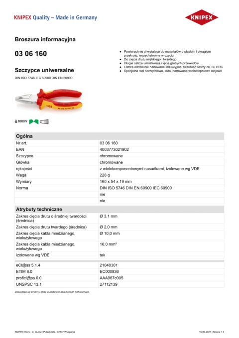 SZCZYPCE UNIWERSALNE IZOLOWANE VDE 160MM SZCZYPCE UNIWERSALNE IZOLOWANE VDE 160MM