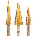 ZESTAW WIERTEŁ STOPNIOWYCH HSS TIN 3-20 MM HEX 3 SZT. ZESTAW WIERTEŁ STOPNIOWYCH HSS TIN 3-20 MM HEX 3 SZT.