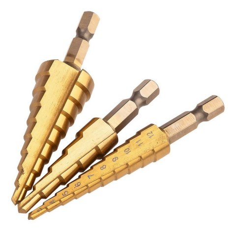 ZESTAW WIERTEŁ STOPNIOWYCH HSS TIN 3-20 MM HEX 3 SZT. ZESTAW WIERTEŁ STOPNIOWYCH HSS TIN 3-20 MM HEX 3 SZT.